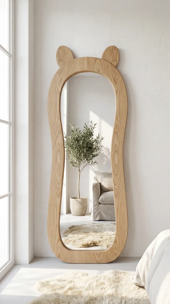 Handcrafted bear-ear full length mirror, natural ash wood frame, in a Lahore room