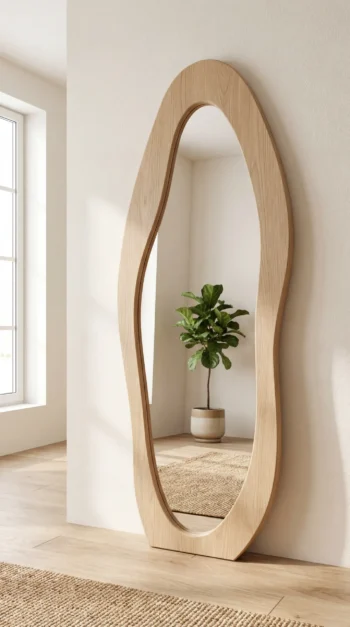 Organic Wave Oak Mirror in a family hallway