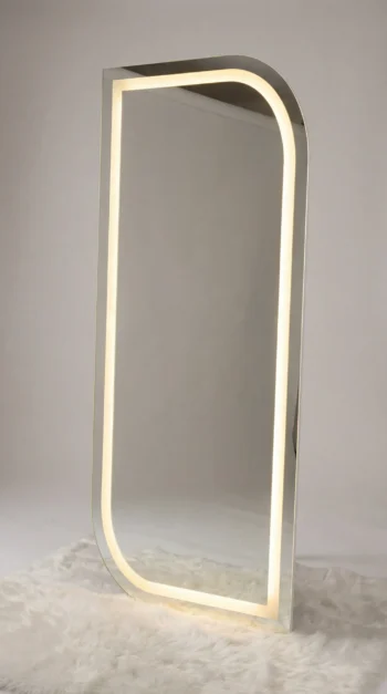 Asymmetric D-Frame Standing LED Mirror in a luxury master bedroom
