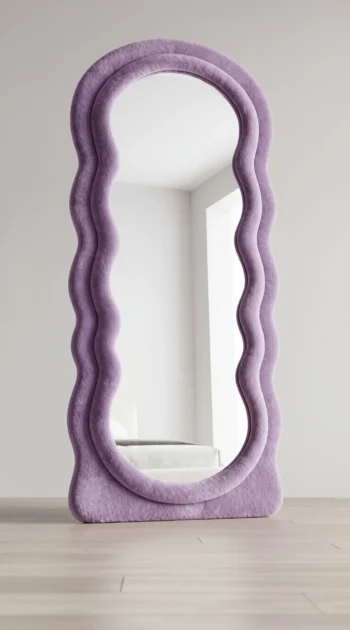 Lavender Velvet Wave Mirror soft lavender velvet frame close-up 1