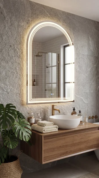 Lumina Arch LED Vanity Mirror in a bathroom above the vanity