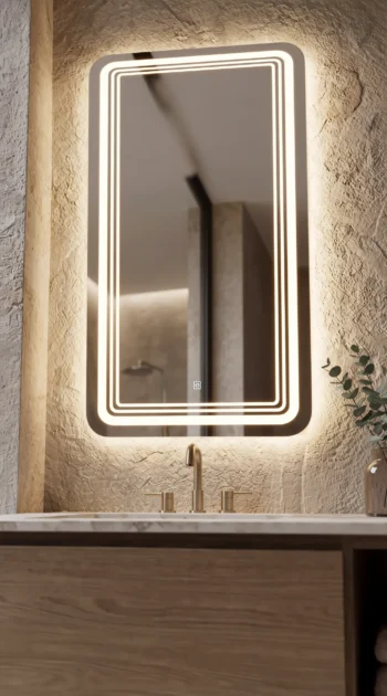 Aurora Anti-Fog LED Mirror in a compact bathroom