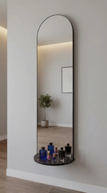 Arched Luxe Wall Mirror with Shelf in a small bedroom entryway