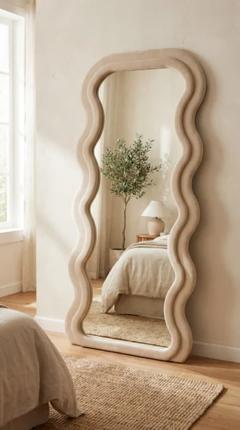 Cream Velvet Wave Mirror in a master bedroom