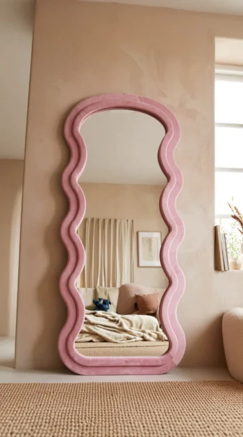 Blush Velvet Wave Mirror blush pink velvet frame close-up 1
