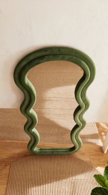 Sage Moss Wave Mirror sage green velvet frame close-up 1