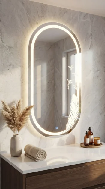 Ethereal Feather Anti-Fog LED Mirror in a bathroom with a shower