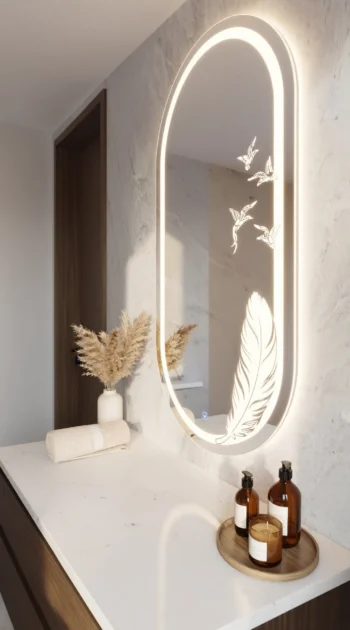 Ethereal Feather Anti-Fog LED Mirror glowing feather and bird etching 1
