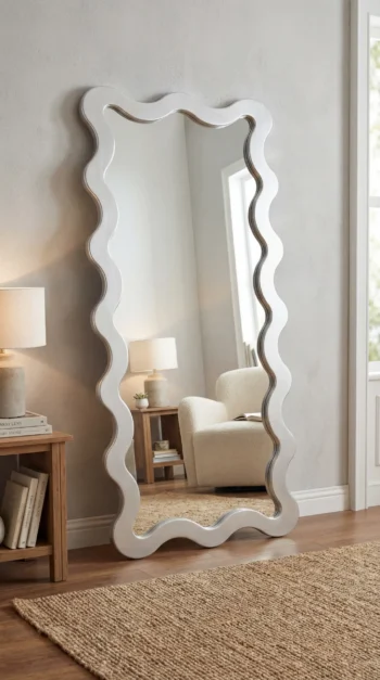 Chrome Reflection Wave Mirror in a modern studio lounge