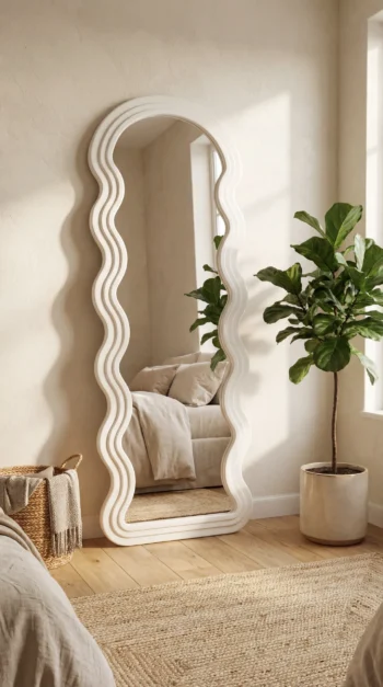 Arctic White Wave Mirror in a small bright bedroom
