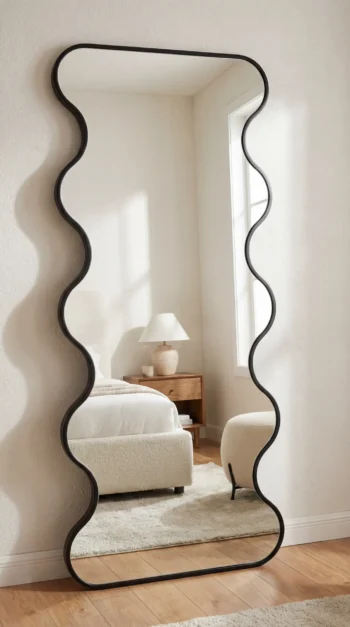 Midnight Contour Wave Mirror in a monochrome loft