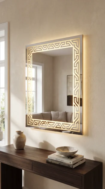 Olympus Greek Key Mirror in an entryway above a console table
