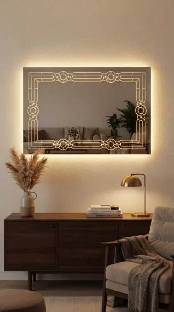 Grand Gatsby Art Deco LED Mirror in a lounge above a console