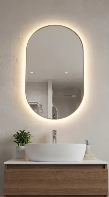 Aura Gold Frame LED Mirror slim gold oval frame with warm halo 1