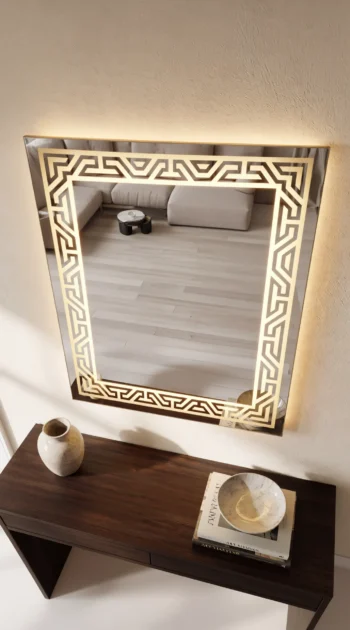 Olympus Greek Key Mirror etched border glowing 1