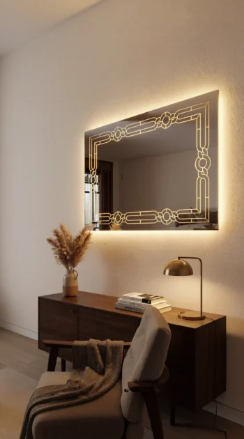 Grand Gatsby Art Deco LED Mirror Art Deco etched border lit up 1
