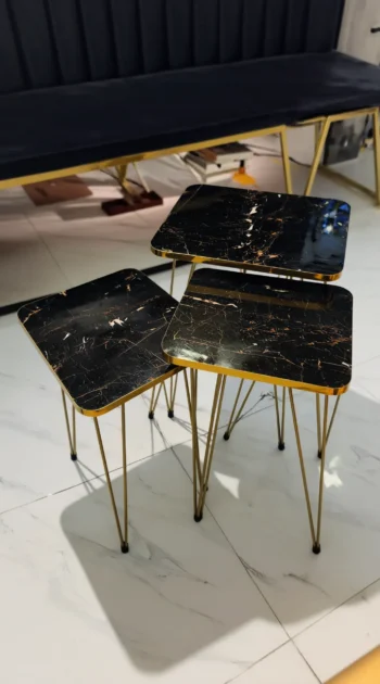Midnight Marquina Nesting Tables black marble-effect top with gold hairpin legs 1